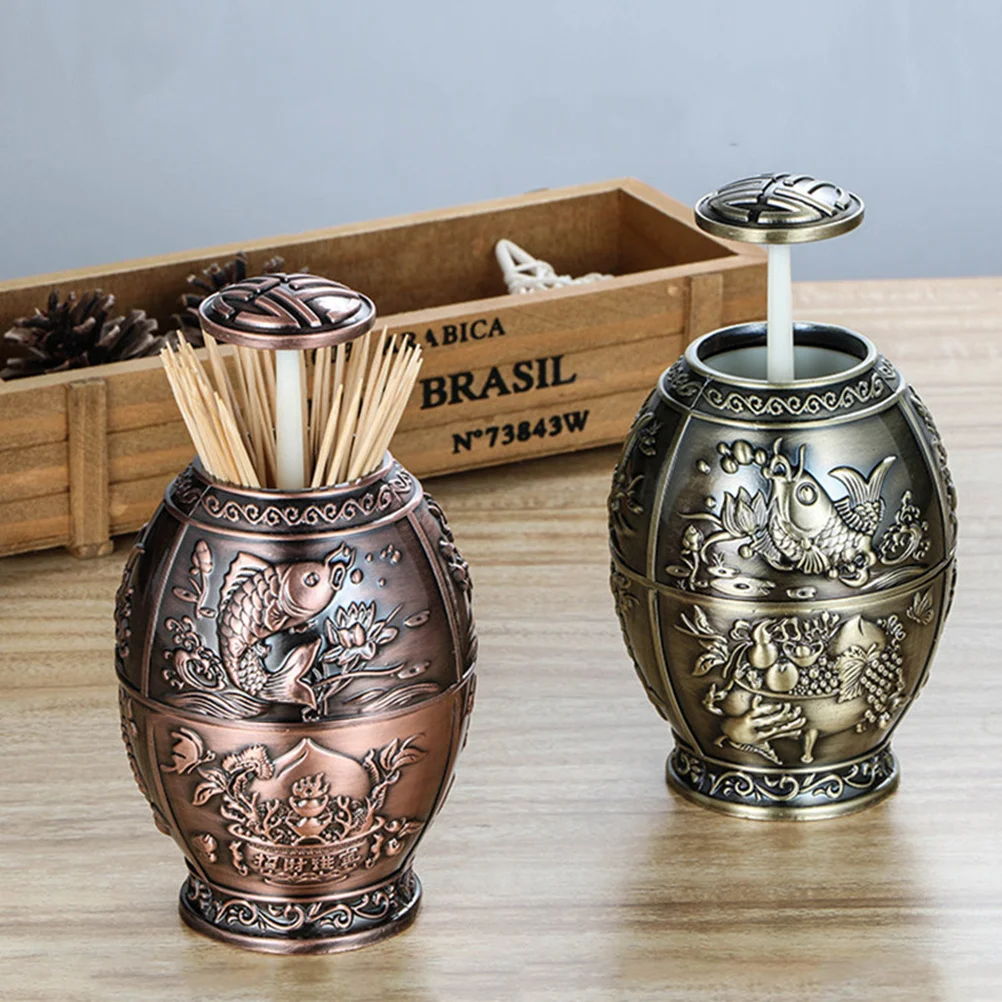 

Chinese Style Toothpick Storage Tube Red Bronze Classical Vintage Blessing Word Hand Press Toothpick Holder Decorative