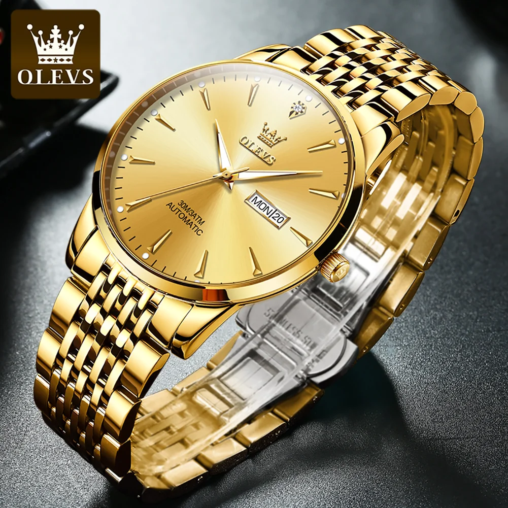 OLEVS Golden Automatic Mechanical Watch for Men Luxury Waterproof Luminous Calendar Stainless Steel Elegant Men\'s Watches 6635