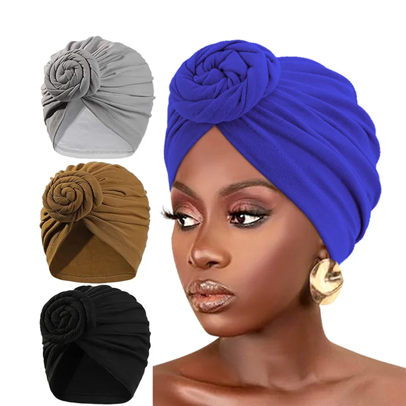 New Women cotton top knotted turban hat bonnet Hijab chemo cap headbands Female Muslim Hat Head Cover Night Cap Hair Accessories