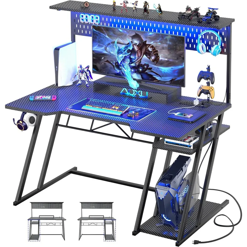 

Gaming Computer Desk with Shelves and Outlets, Gaming Desk with Hutch and LED Lights, Reversible PC Gaming Desk