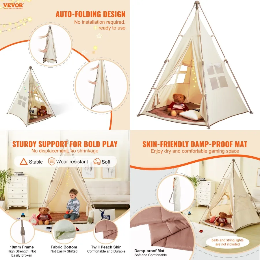 Tienda de juegos VEVOR, tienda tipi para 15 años, tienda con ventanas para interiores y exteriores, tienda plegable para niños pequeños con estera y Ca