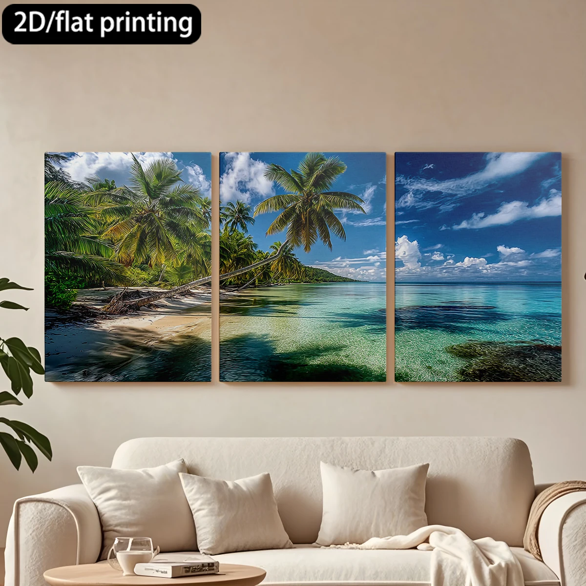 

2D flat printing 3pc wooden frame canvas decorative painting Tropical paradise, beach, palms.Corridor bedroom decoration