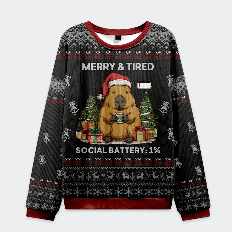 Capybara Merry & Tired Christmas Sweatshirt Social Battery 1% Funny Ugly Xmas Pullover Unisex Kids Adult Holiday 3D Print Top
