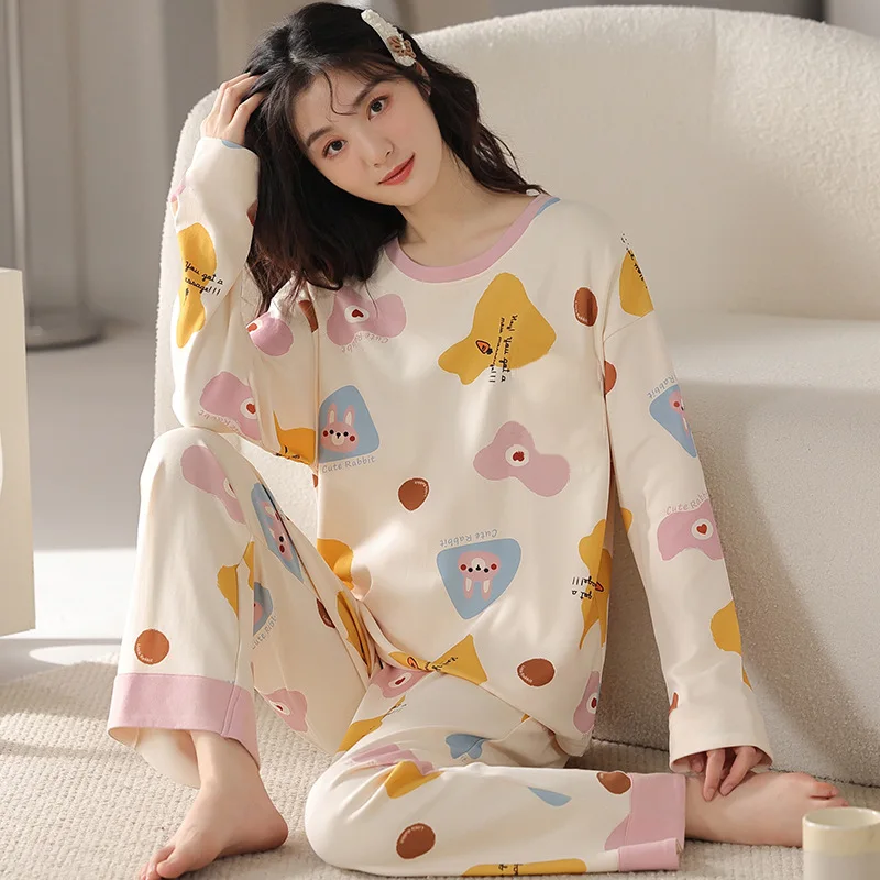 New Ladies Pajamas Two-Piece Spring And Autumn Pajamas Female Long-Sleeved Cute Cartoon Loose College Style Homewear Female Suit