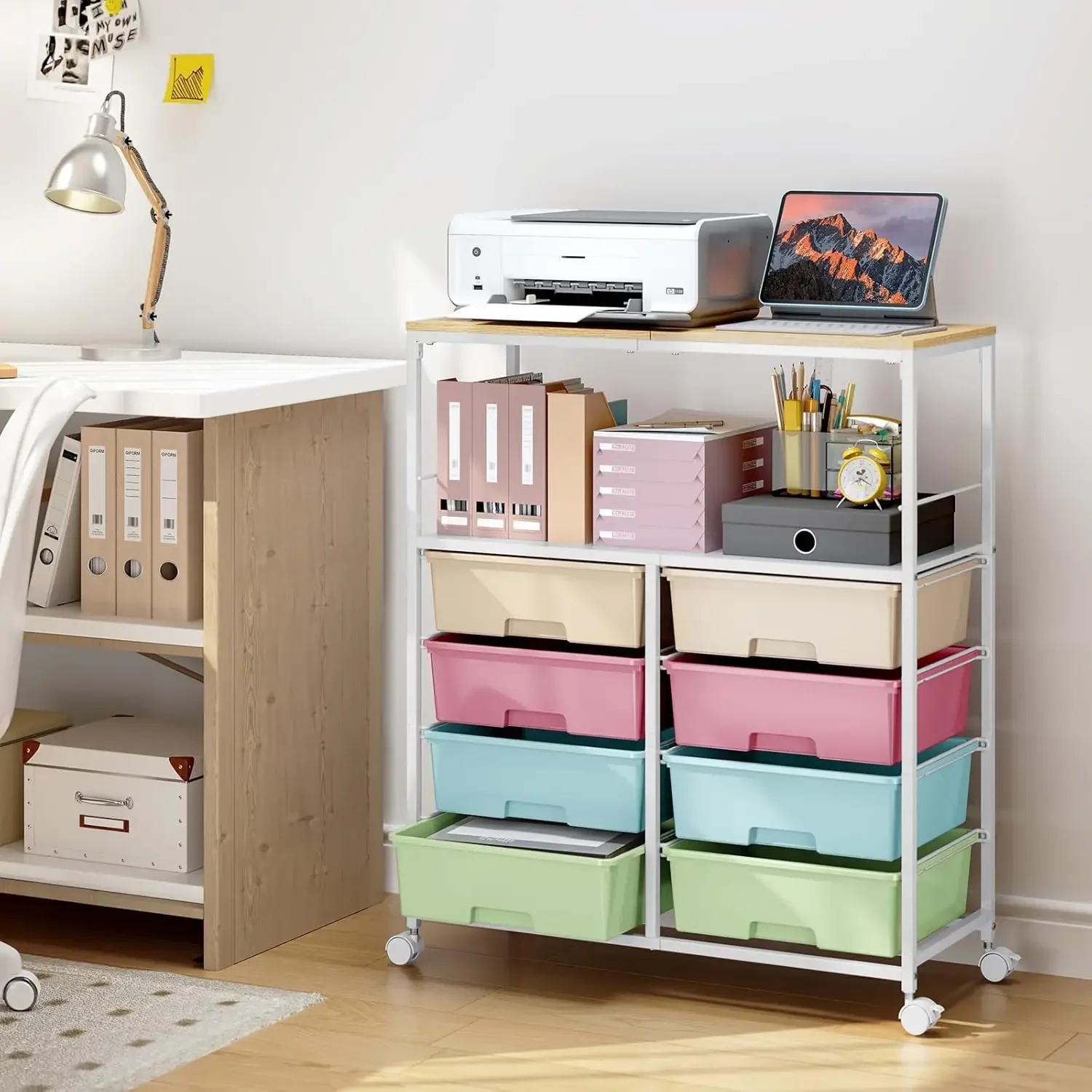 Rolling cart with 8 drawers,Storage drawer cart with wooden tabletop,Lockable wheels organizer for homeschool, arts & crafts, cl