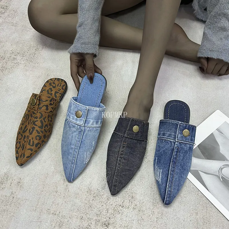 Fashion Denim Women Sandals Summer 2023 Low Heels Sandalias Sexy Pointed Toe Strap Slip-On Elegant Female Shoes Chaussure Femme