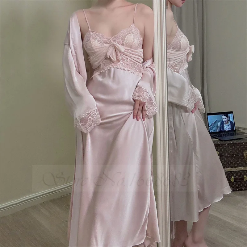 Patchwork Lace Bathrobe Gown Nightgown Sexy Long Wedding Nighty&Robe Set Satin Intimate Lingerie Summer Home Dress Loungewear