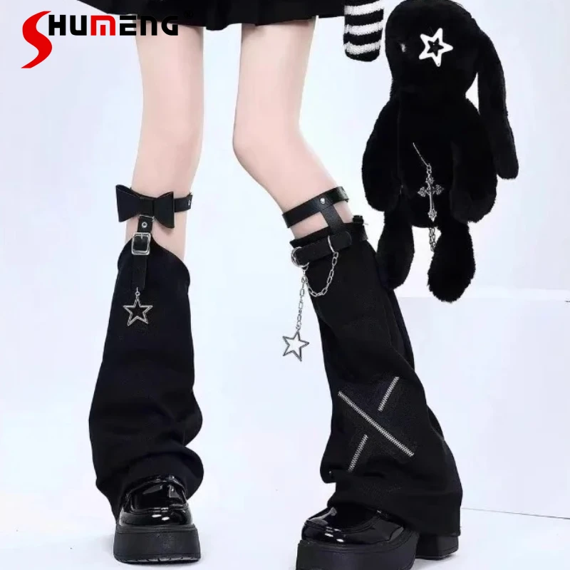 

Japanese Punk Goth Style Socks Leggings Black Color Ring Ornament Leg Cover Female Hosiery Y2k Soft Girl Leg Warmers For Women