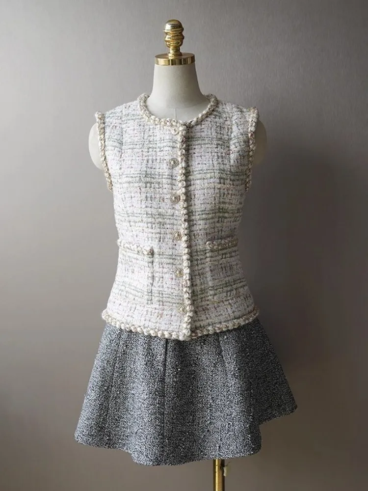 Fashion Women Tweed Sleeveless Jacket Single Breasted O Neck Casual Plaid Waistcoat Elegant Office Women Slim Fit Short Vest