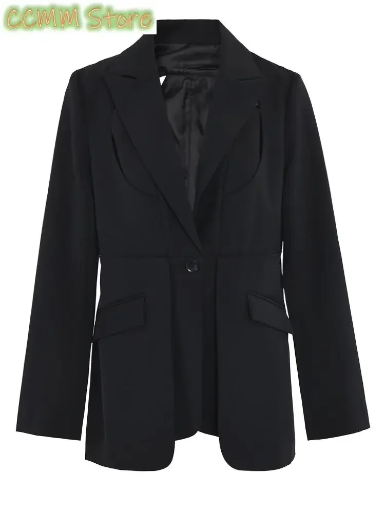 

Women Black Pleated Back Holllow Out Casual Blazer New Lapel Long Sleeve Jacket Fashion Tide Spring Autumn