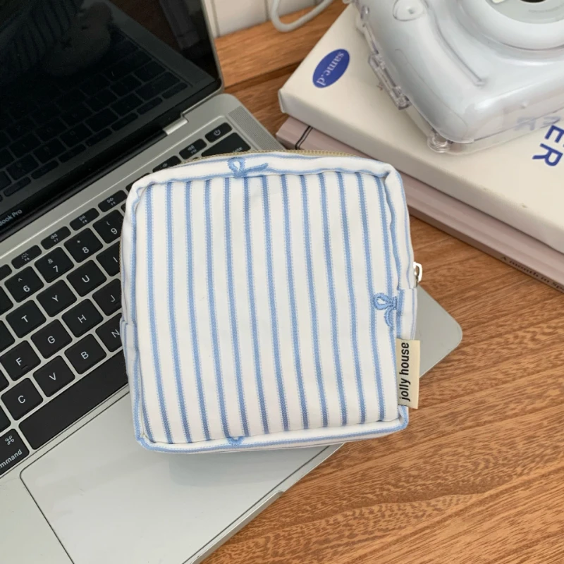 

Simple Striped Small Square Cosmetic Bags for Women Travel Portable Girls Sanitary Storage Bag Cute Student Clutch Coin Purse
