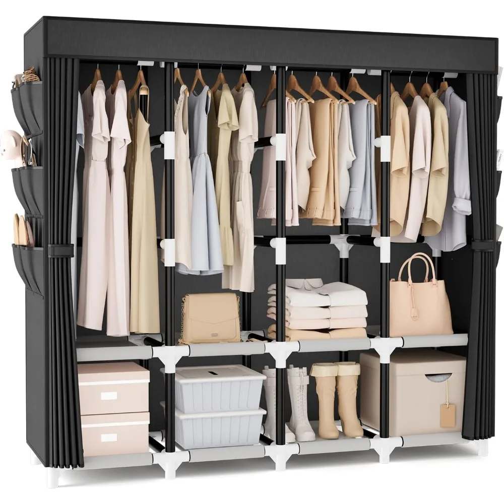 

Wardrobe Closet, 25mm Steel Tube Sturdy Portable Closet for Hanging Clothes, 67.3 Inch Portable Closet Wardrobe with Cover, 4 H