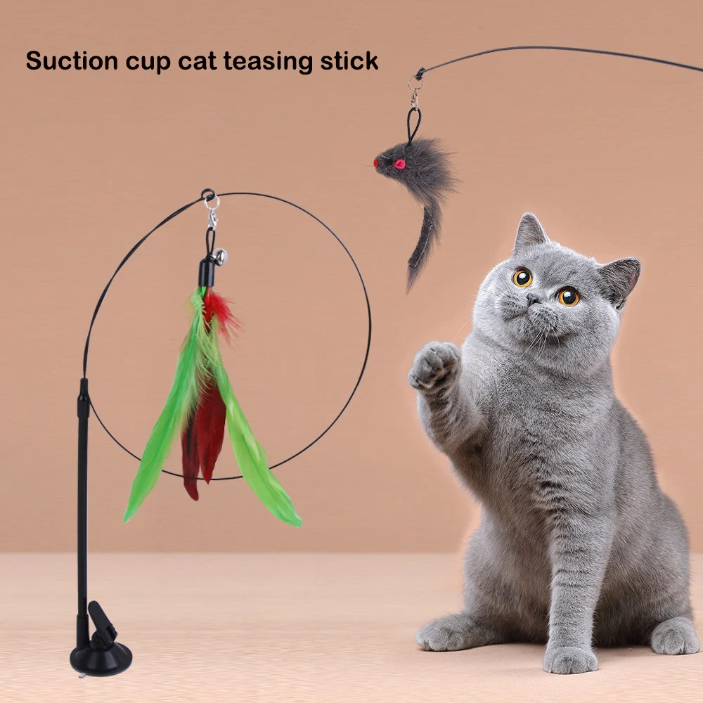 Funny Cat Toys Suction Cup Cat Teaser Stick Removable Handheld Cat Interactive Toy Mouse Feather Bell Pet Supplies