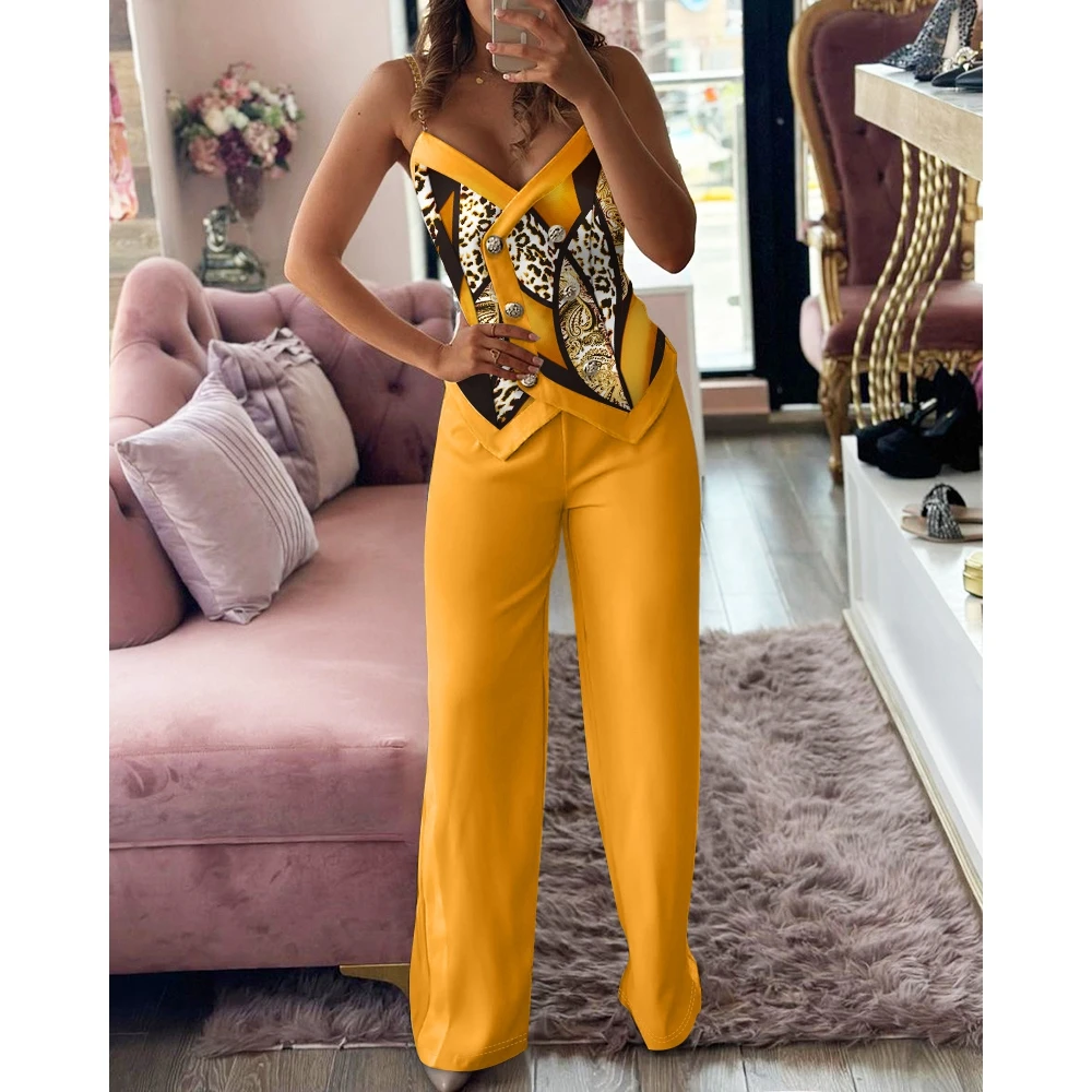 Summer Women Leopard Print Chain Strap Button Vest Top & Ladys Pants Suit Ensembles Femme Office Two Piece Sets Womens Outifits