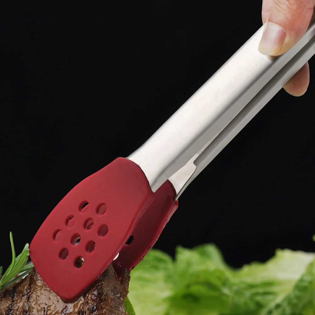 

Silicone Food Clip Red 304 Stainless Steel Bbq Tongs Anti-Scald Non-Slip Handle For Grilling Cooking Serving Bread Cake