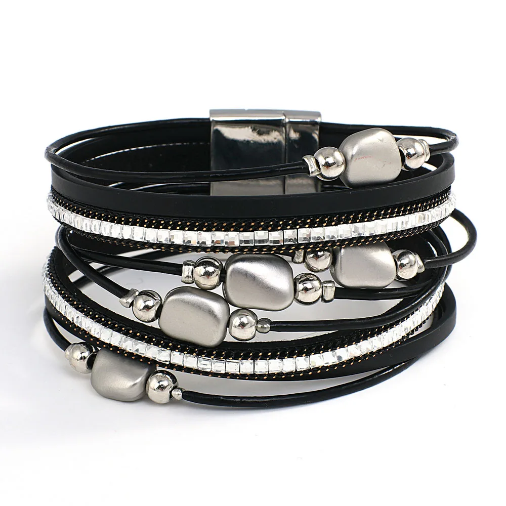 ALLYES Irregular Metal Stone Beads Leather Bracelet for Women Men Jewelry Vintage Crystal Chain Multilayer Wrap Wide Bracelets