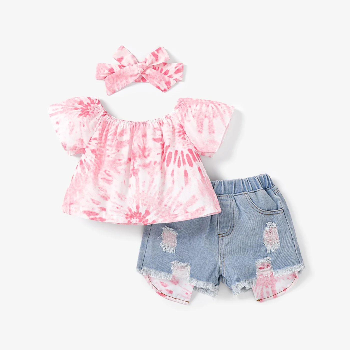 PatPat 3pcs Toddler Girl Tie Dye Top & Headband & Ripped Denim Shorts Set Suitable for Summer Season Perfect for Outings