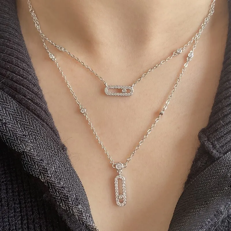 Luxury Silver-color AAA Zircon Choker Two-Layers Necklace Simple Shiny Pendants For Women Fine Jewelry