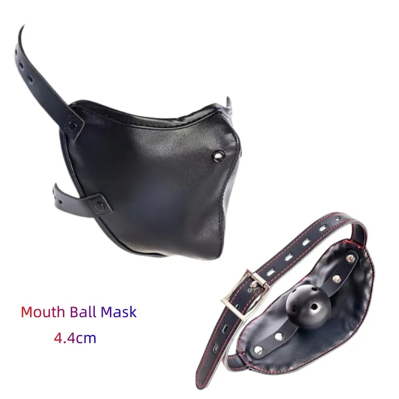 BDSM Bondage Harness Leather Hood Mask with Hard Ball Mouth Plug Ball Gag for Fetish Restraint Game Adult Pleasure Sex Toys