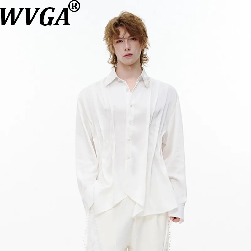 WVGA Spring Autumn New Men's Cinched Waist Trendy Long Sleeved Shirt Niche Chic Casual Tie Detail Pleated Design Tops Ins W28515