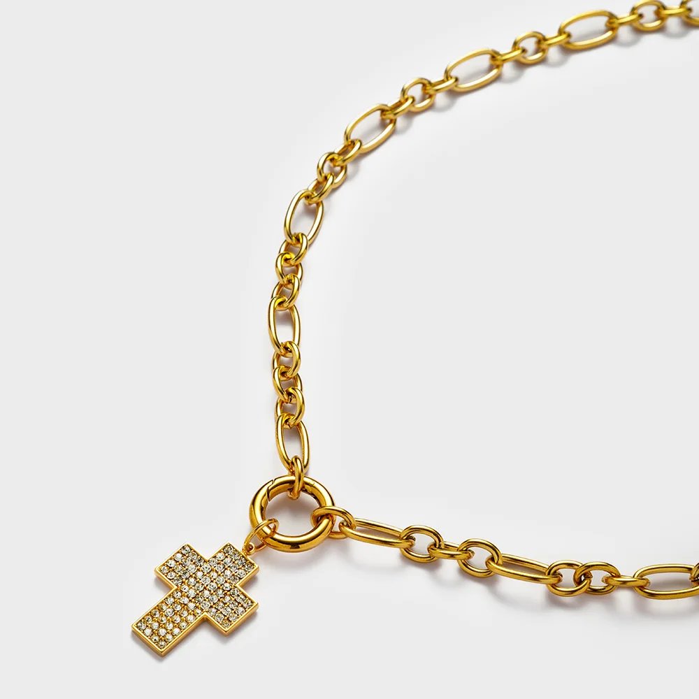 

18K Gold Plated Cross Chain Pendant, Zircon Clasp Necklace, Waterproof Stainless Steel, Unique Niche Jewelry