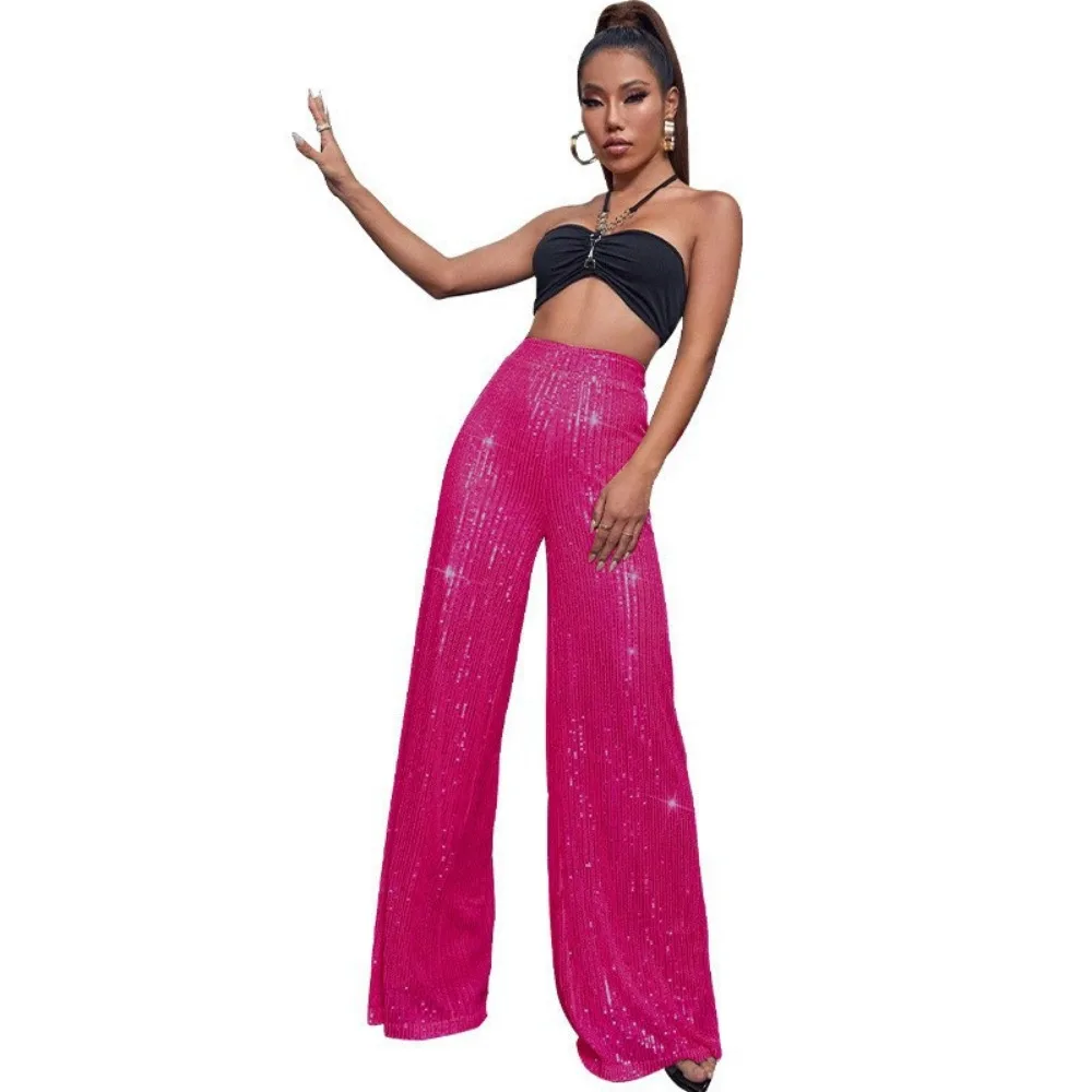 Women Fashion Sequined High Waist Loose Wide Leg Pants 2025 Summer Casual Solid Drape Long Pant Streetwear Evening Party Trouser