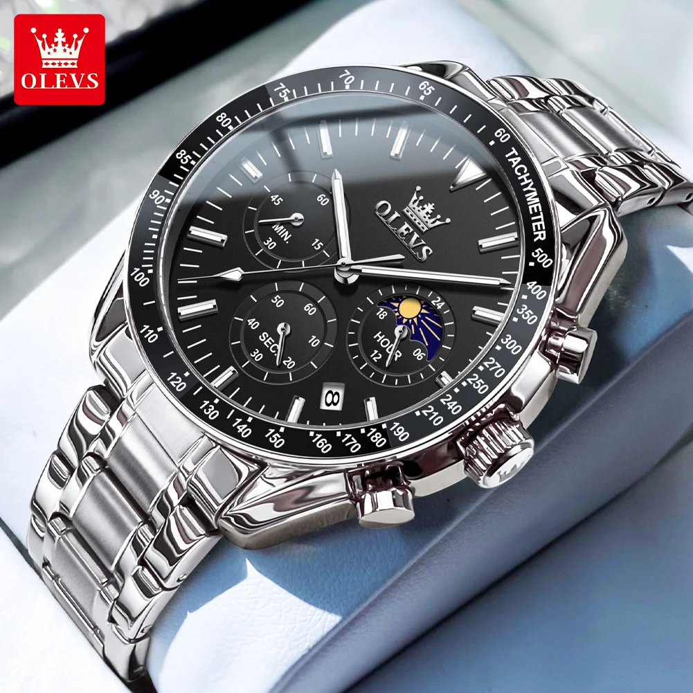 

OLEVS мужские Wtches 3618, лучший бренд, деловая мода, оригинальные кварцевые часы для мужчин, тахометр, ободок, водонепроницаемые, светящиеся, с фазой Луны