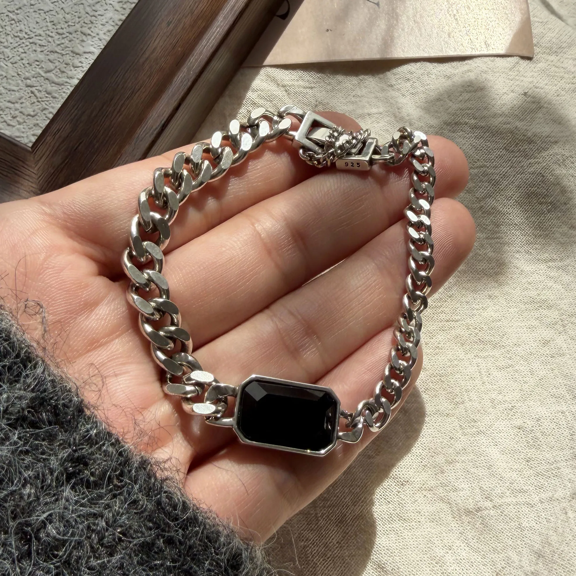

100% Solid 925 Sterling Silver Retro Bracelet for Women Geometric Black Stone Handmade Sparkling Simple Bracelet Birthday Gift