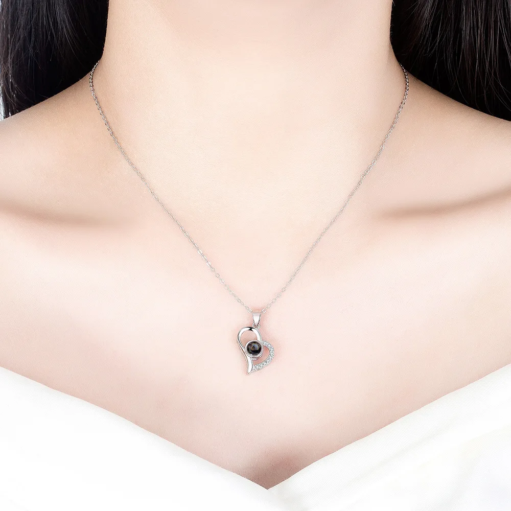 925 فضة موضة 100 لغة أحبك الإسقاط حجر الحب دلاية من حجر الزركون قلادة عيد ميلاد هدية للذكرى السنوية #5