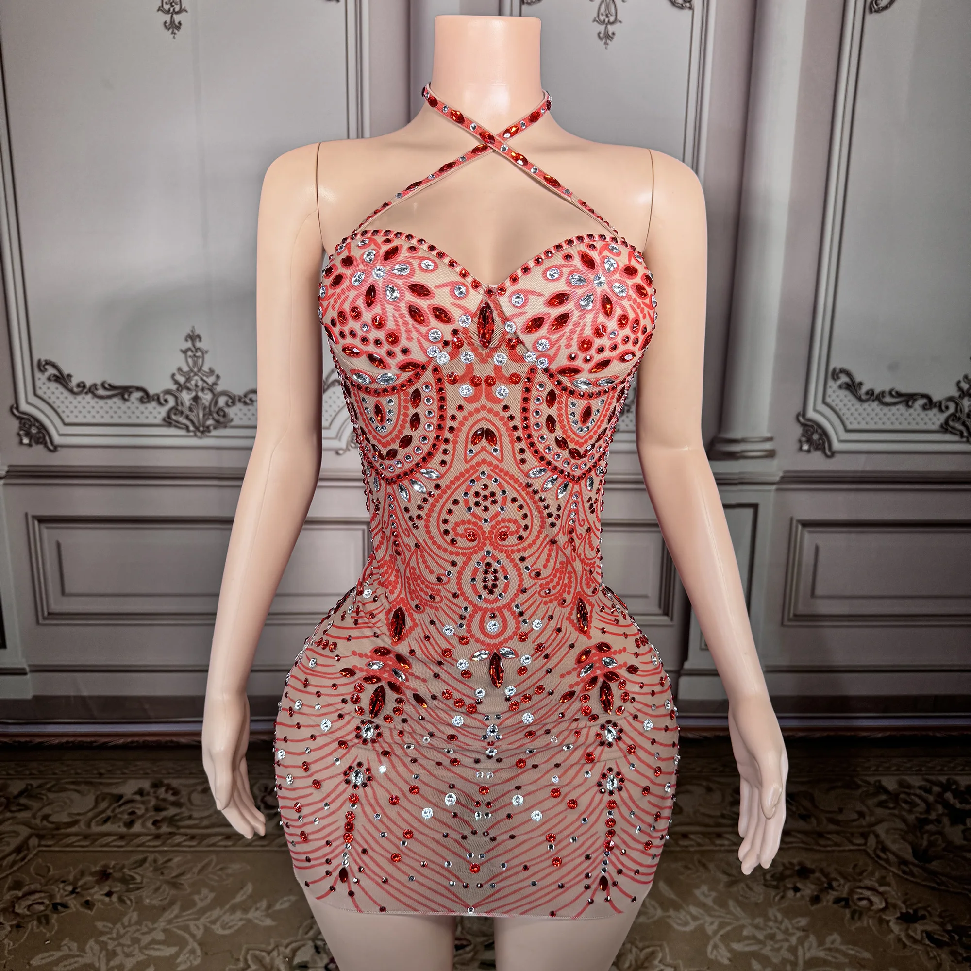 

ZD Hot Sale Items Halter Glitter Wedding Dress Club Party Slim Fit Red Casual Dresses Backless Ladies Night Sexy