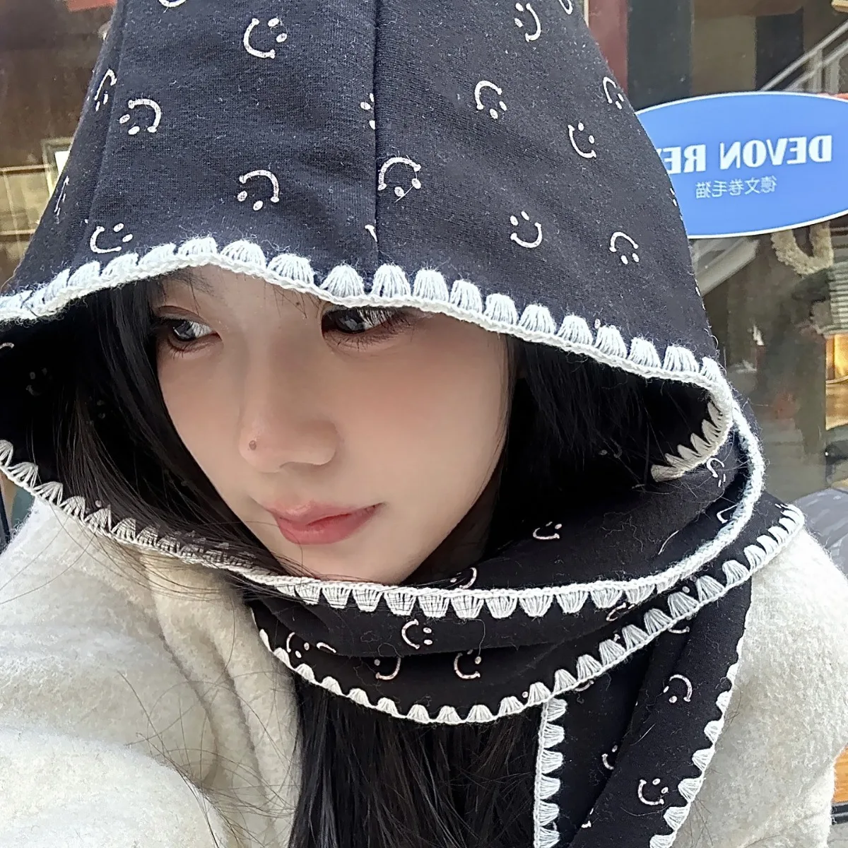 Korea lächelndes Gesicht Hut und Schal Set gestrickt Kapuze Schal Sturmhaube Hut Unisex Winter warme Baumwolle Pullover Hut y2k Accessoires