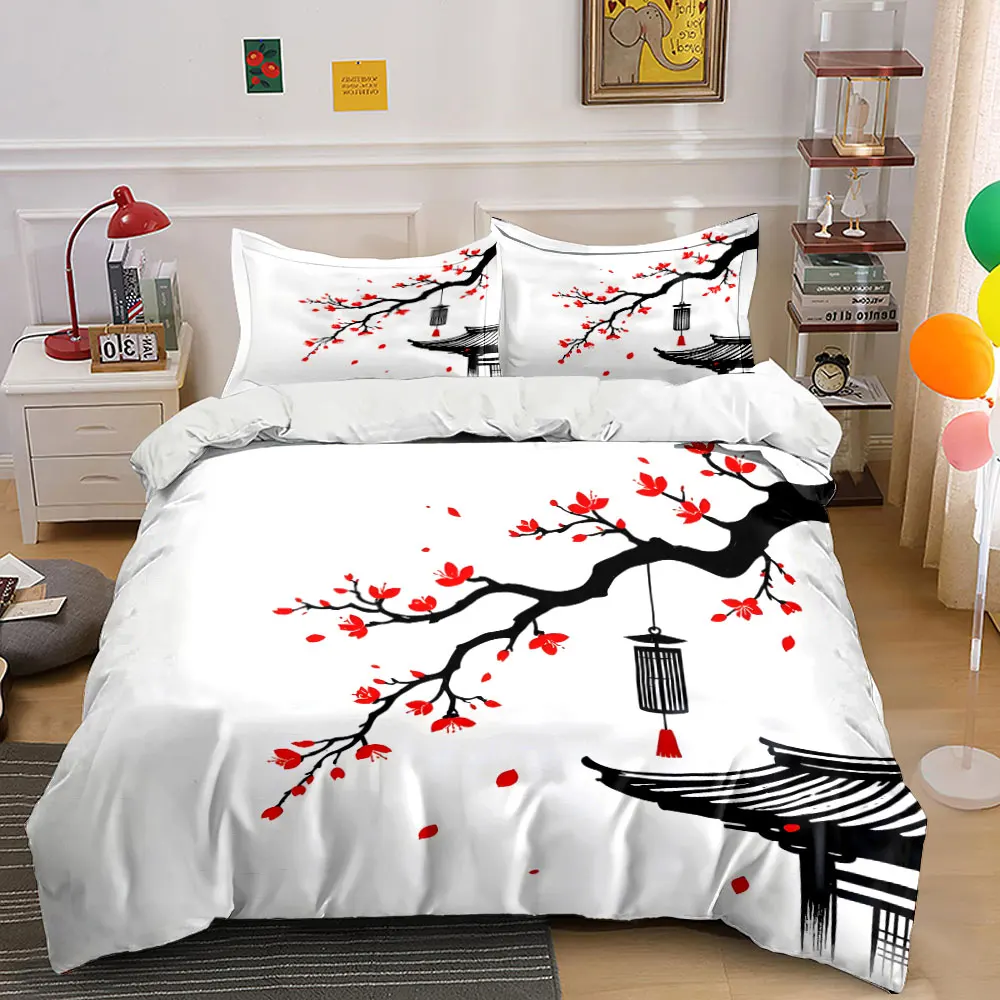 Red Plum Branch with Lantern Printed Duvet Cover Set1 Duvet Cover+2 PillowcaseMulti Size Bedroom Bedding Decor Luxury gifts