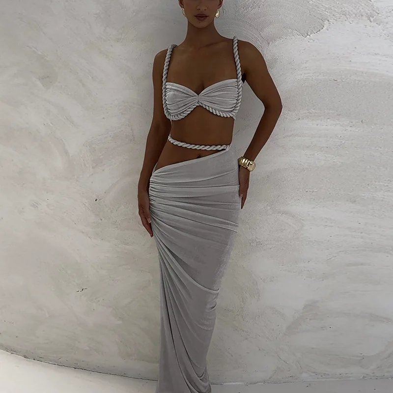 

Woven Sexy Women 2 Piece Set Stunning Hot Solid Pleated Crop Camisoles+High Waist Maxi Skirts Female Trend Vacation Outfit