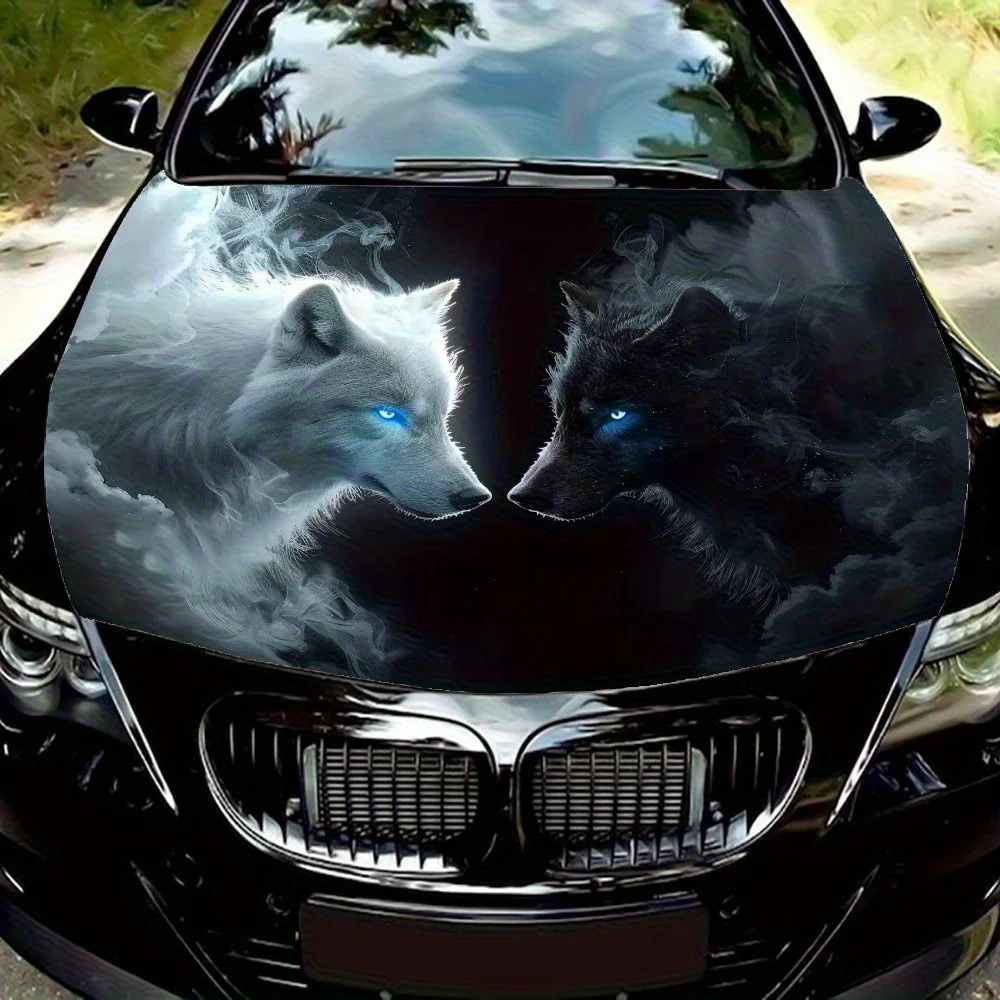 Black Wolf And White Wolf In Mysterious Fog Vinyl Decal - Universal Fit Paper Material Car Hood Wrap, Automotive Exterior Bonnet