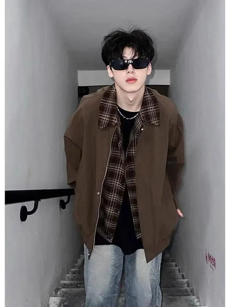 

Коричневый или мужской тюнер с воротником irt Cool American Sle, весенне-осенний молодежный модный модный свободный крой из полиэстера, нет