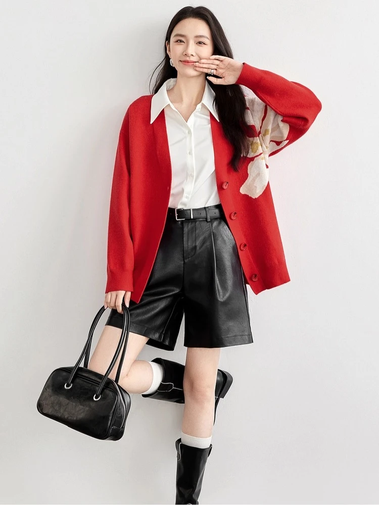 SENTUBILA Cardigan lavorato a maglia per donna Allentato scollo a V Jacquard Top a maniche lunghe 2025 Autunno Moda Casual Abbigliamento donna W51H58098