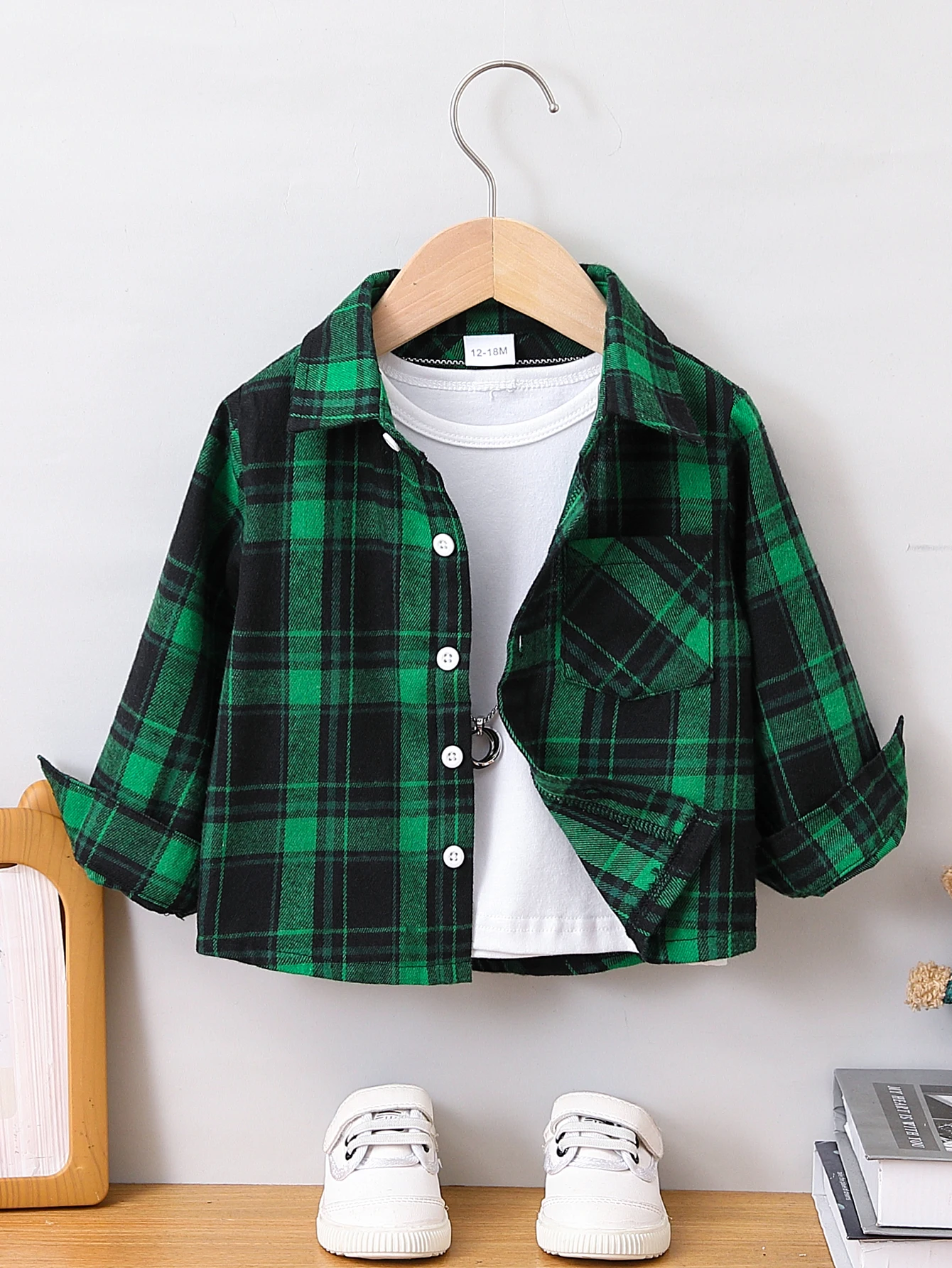 Kids Green Buffalo Plaid Flannel Shirt Boys Lapel Collar Single Pocket Button Up Long Sleeve Lightweight Casual Coat 12M-5Y