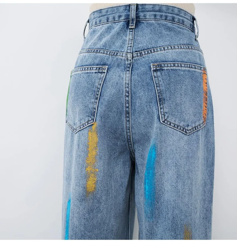 Color Painting Fashion Personality Thin New Fashion Trend Spring Summer 2023 Baby Blue Jeans Women Straight Tube Loose