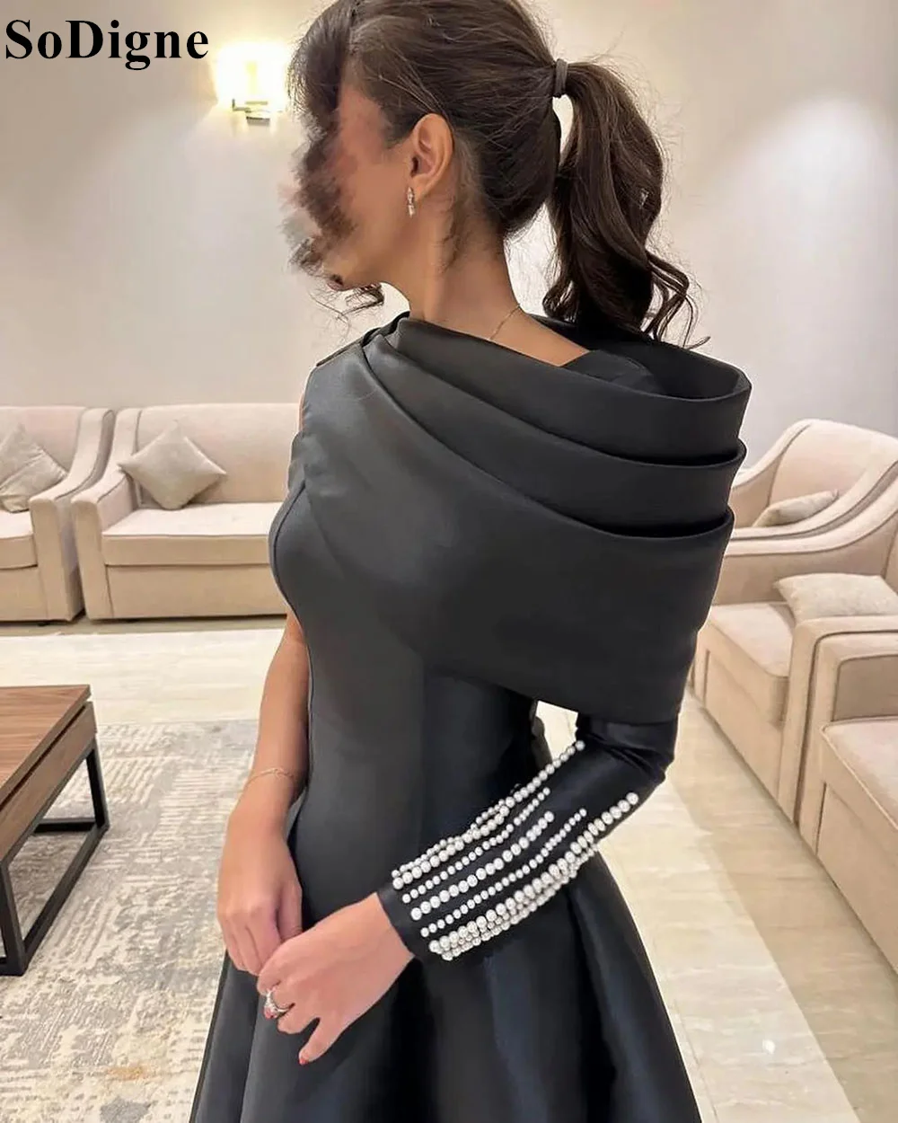 SoDigne Saudi Arabia Black Satin Evening Dresses A-Line Cape Sleeves Beading 2024 Dubai Formal Occasion Prom Gowns Customized