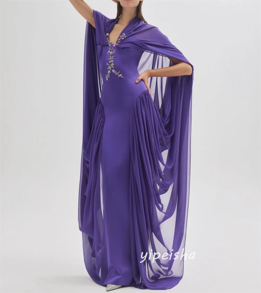 Vestidos largos de noche con cuello en V para mujer, vestidos largos personalizados de estilo moderno con apliques de Jersey morado y lentejuelas, Pastrol