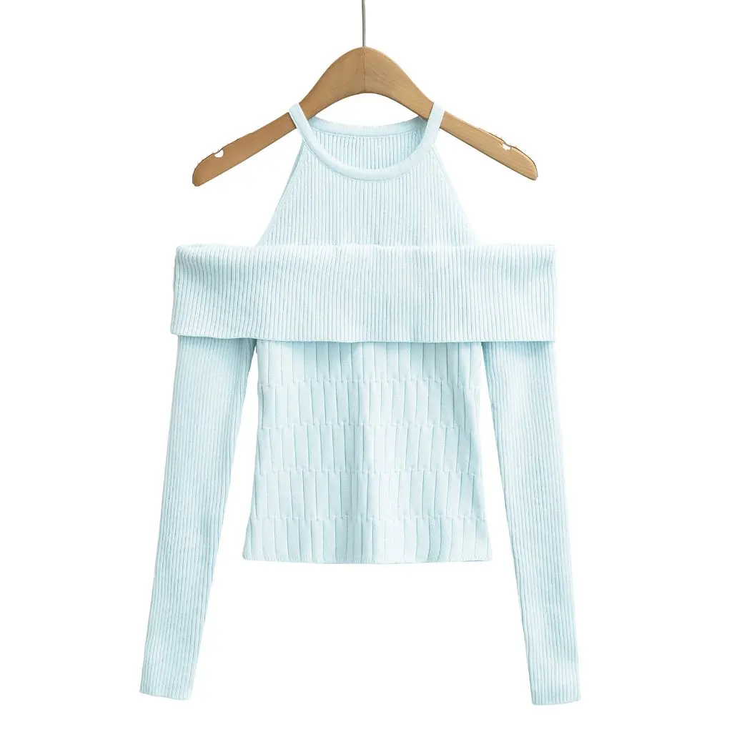 

Women's Pink Off-Shoulder Knitted Sweater Spring Slim-fit Long-Sleeved Fake Two-Piece Set Short Neck Top by Spice Girl