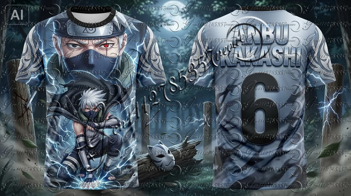 Naruto Hatake Kakashi Anbu Sharingan 3D-Druck T-Shirt für Herren und Damen, grau-blauer Stil, kurzärmeliges T-Shirt, lässig, für die ganze Familie