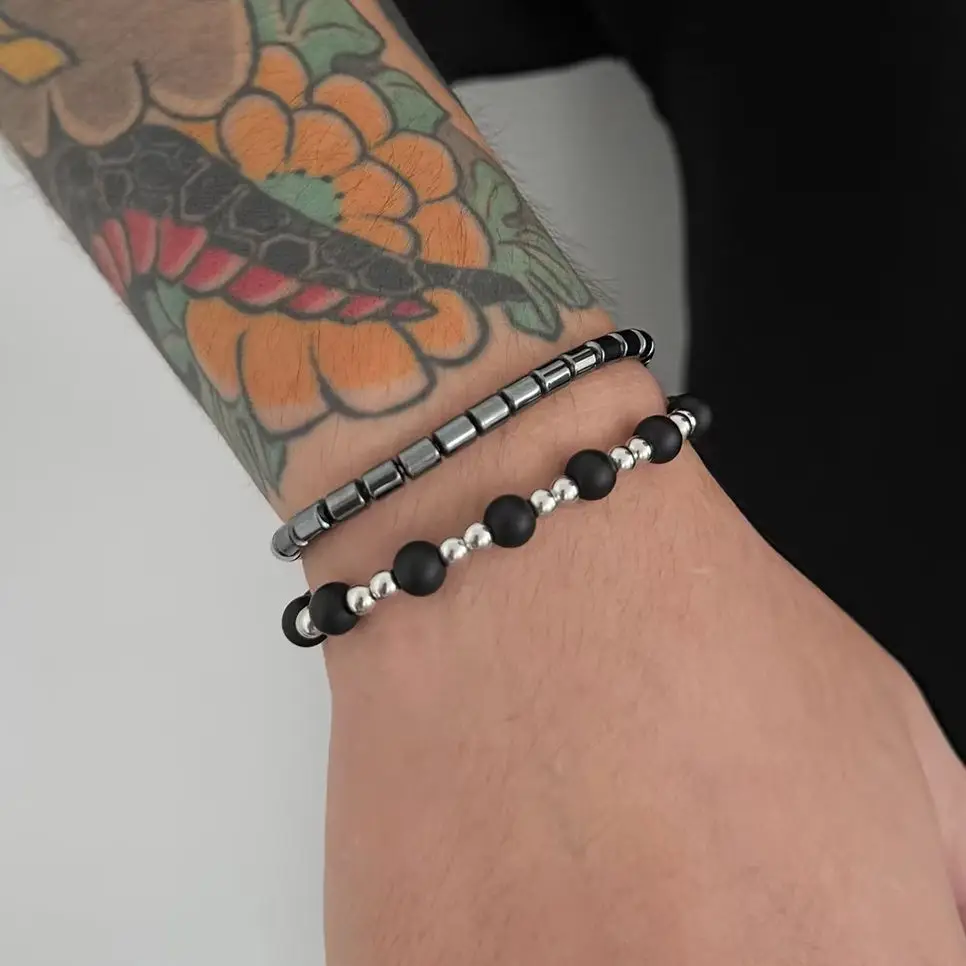 IngeSight.Z 2Pcs/set Trendy Creative Black Beads Bracelet Men Vintage Resilient Silver Color Hand Bangles Party Jewelry Gift New