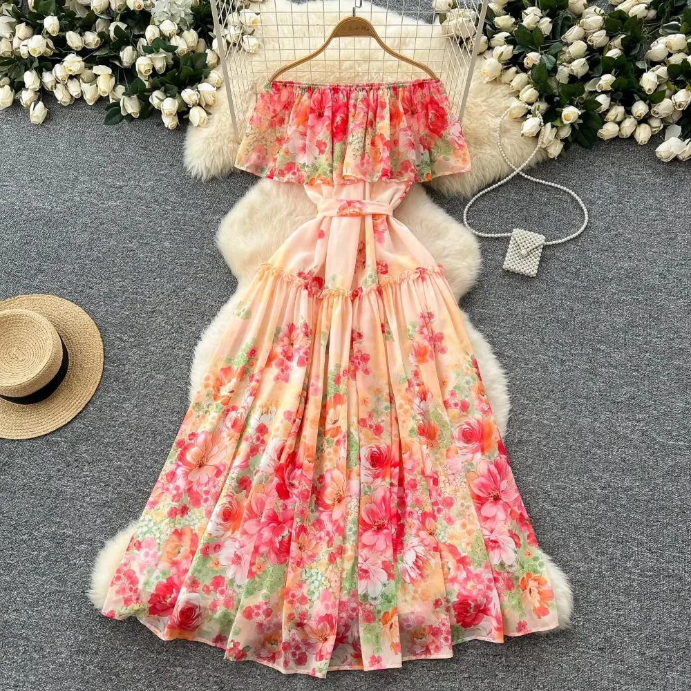Elegant Ruffle Print Slash Neck Lace-up Vintage Cape Sleeves Chic Chiffon Slim Dresses Fashion Spring Women High Street Clothing