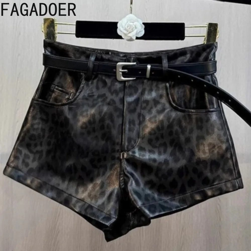 FAGADOER Sexy Leopard Print Leather Shorts Women Brown High Waist Pocket Skinny Belt Shorts American Retro Hot Girl Streetwear