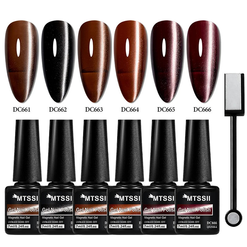 Mtsii 6 pçs gato gel magnético unha polonês com vara magnética para unhas grânulo de vidro cristal semi-transparente arte do prego gel manicure