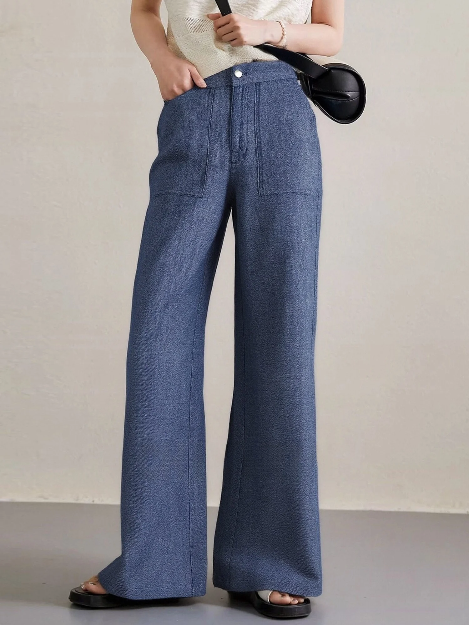 

High Waist Wide Leg Pants Women's Spring 2026 Loose Drapey Straight Leg Slimming Floor-Length Blue Linen Casual Trousers