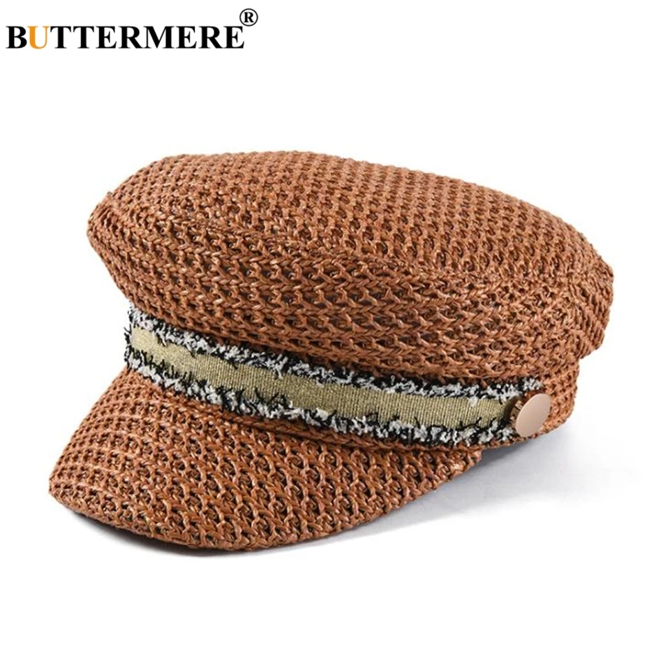 BUTTERMERE Straw Newsboy Cap Women Baker Boy Hat Female Khaki British Style Retro Designer Brand Spring Summer Octagonal Cap