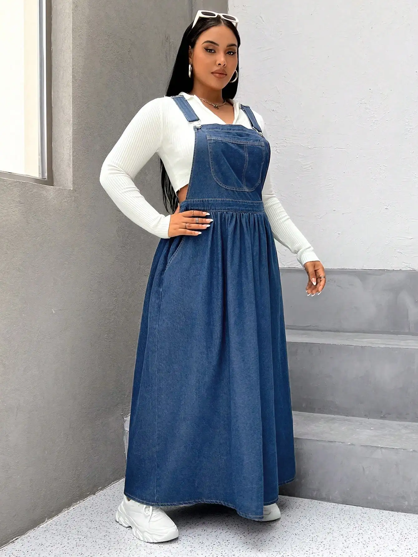 

Plus Size Women Casual Denim Pinafore Dress With Pockets