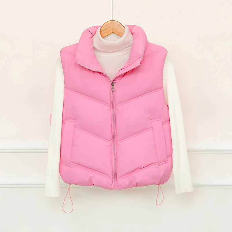

Short Cotton Padded Jacket Vest Women's 2025 Autumn Winter New Women's Cotton Vest Stand-up Collar Korean Sleeveless Waistcoat